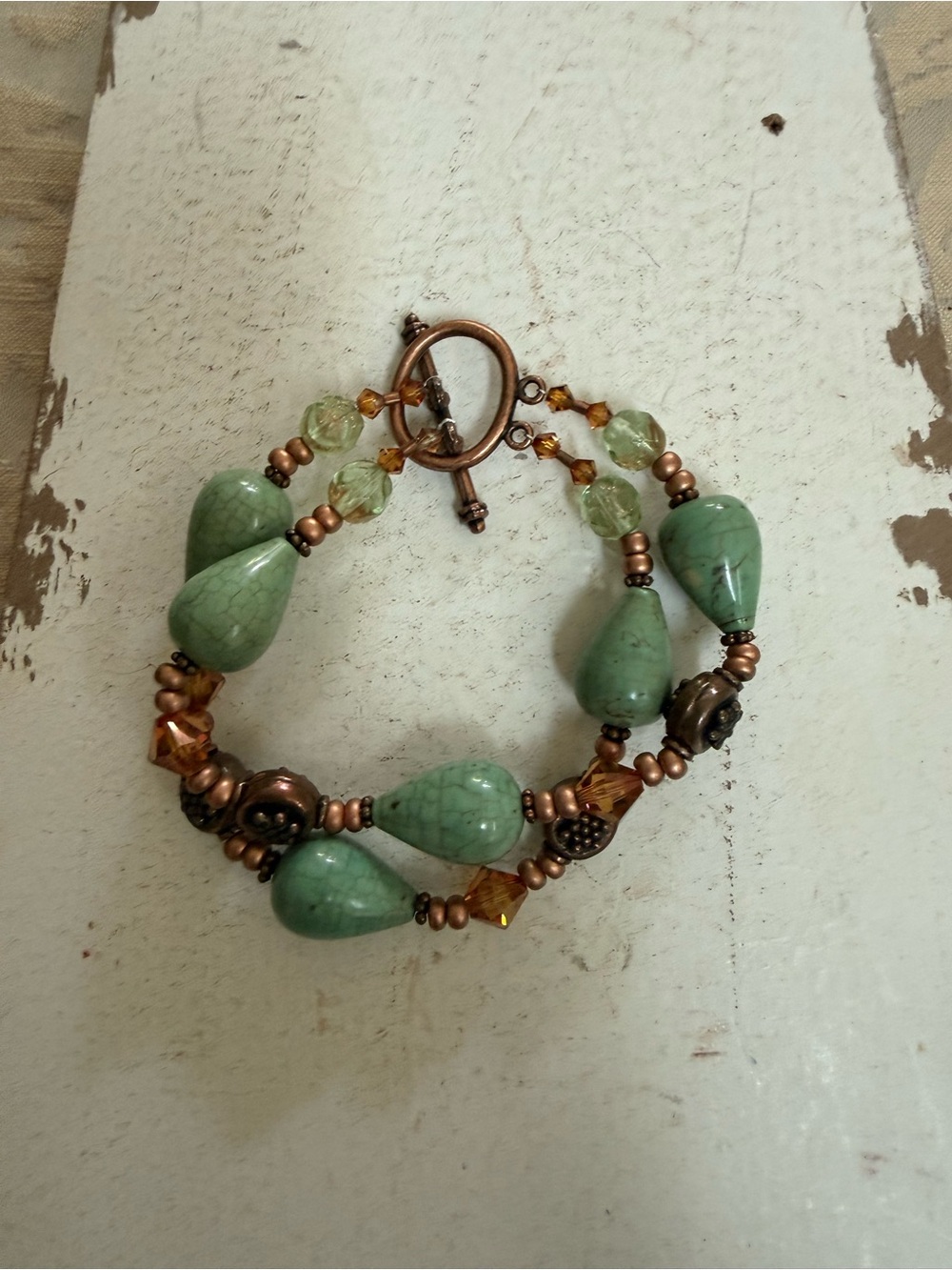 Green Double Strand Beaded Bracelet with Copper Accents